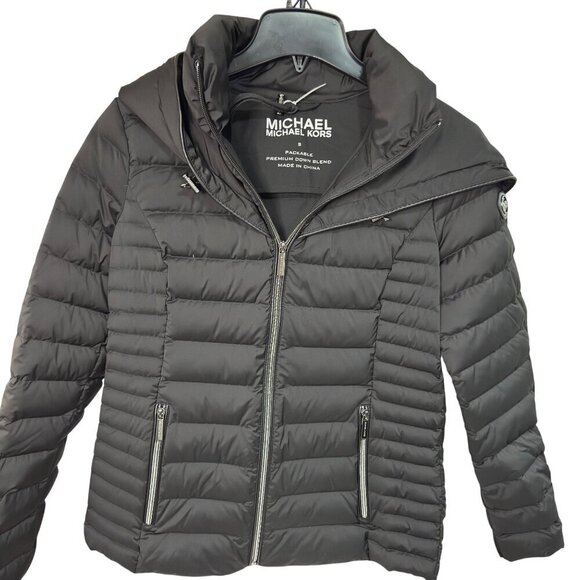 Michael Kors Hooded Packable Down Puffer Jacket Black Small MSRP $275 - Picture 2 of 9